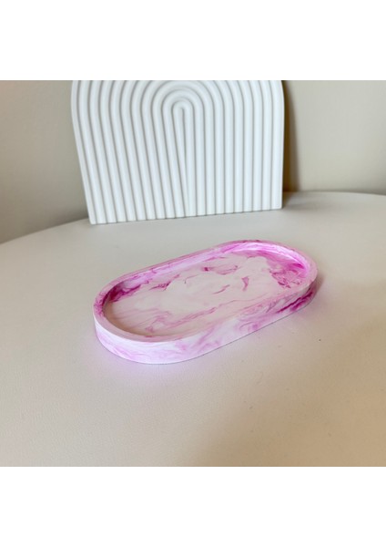 El Yapımı Pembe Mermer Desenli Oval Takı & Sunum Tabağı