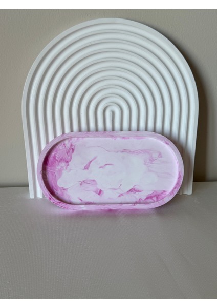 El Yapımı Pembe Mermer Desenli Oval Takı & Sunum Tabağı