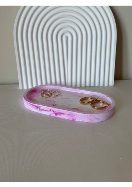 El Yapımı Pembe Mermer Desenli Oval Takı & Sunum Tabağı
