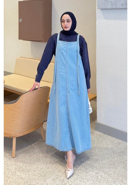 Askılı Denim Salopet Elbise Buz Mavisi