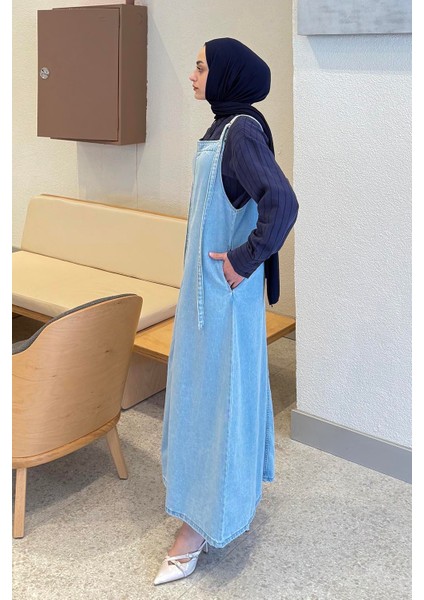 Askılı Denim Salopet Elbise Buz Mavisi fiyatları