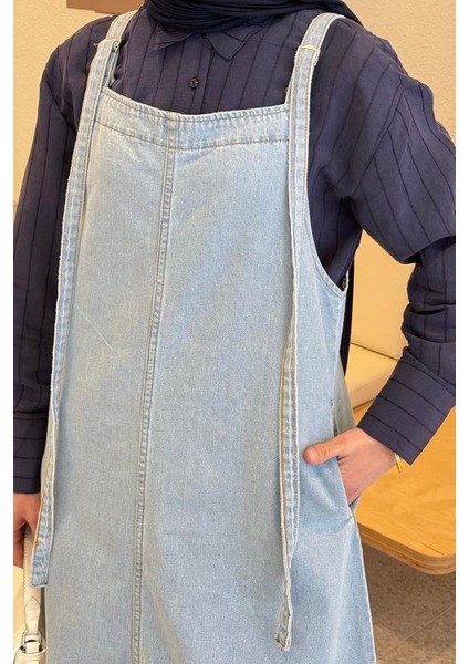 Askılı Denim Salopet Elbise Buz Mavisi modelleri