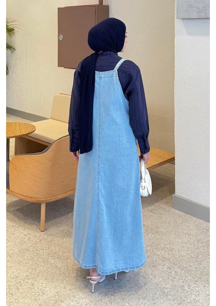 Askılı Denim Salopet Elbise Buz Mavisi fırsatları