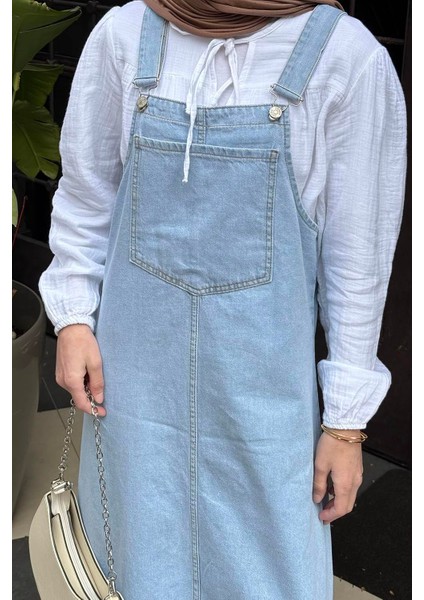Ön Cep Detaylı Denim Salopet Elbise Buz Mavisi