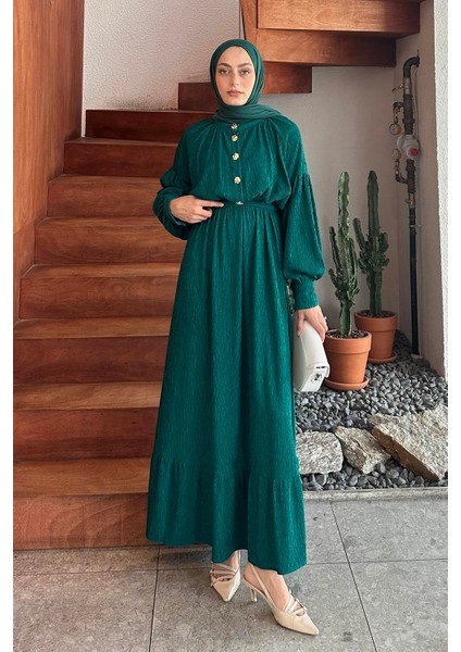 Gold Düğme Detaylı Krinkıl Elbise Zümrüt Yeşili