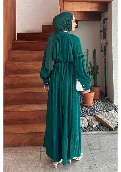 Gold Düğme Detaylı Krinkıl Elbise Zümrüt Yeşili fırsatları