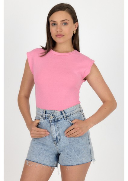 Pembe Bisiklet Yaka Pamuklu Slim Fit Tişört 3050