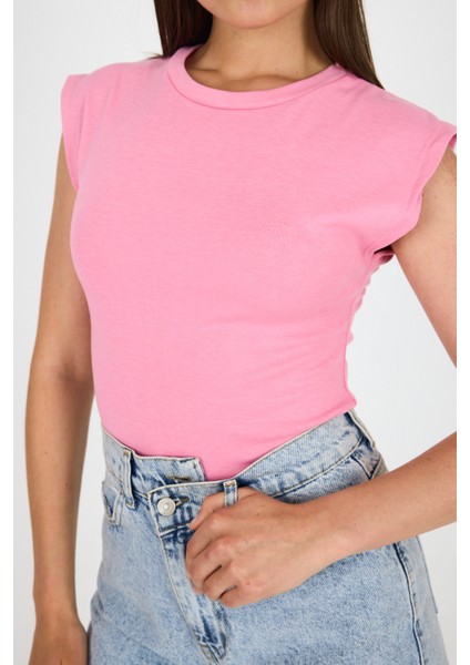 Pembe Bisiklet Yaka Pamuklu Slim Fit Tişört 3050 fırsatları