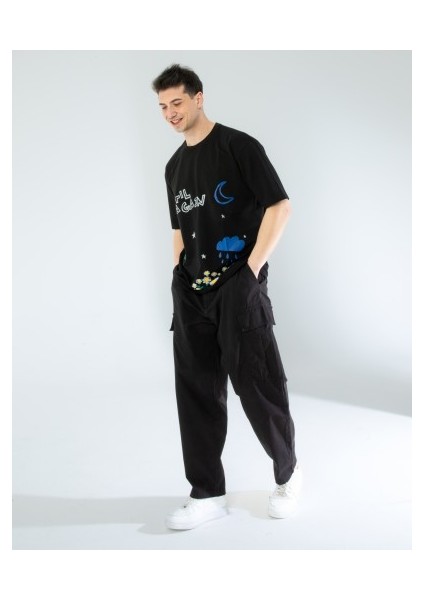 Oversıze Unisex Baskılı T-Shırt Untıl Black