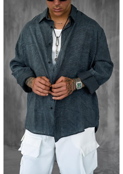 Erkek Oversize Yıkamalı Rahat Gömlek Antrasit modelleri