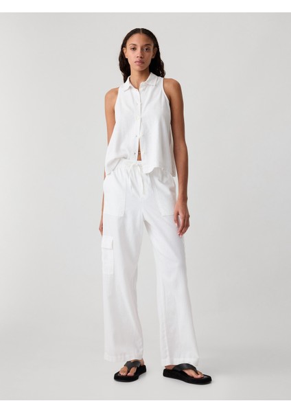 Kadın Beyaz Keten Karışımlı Wide-Leg Kargo Pull-On Pantolon