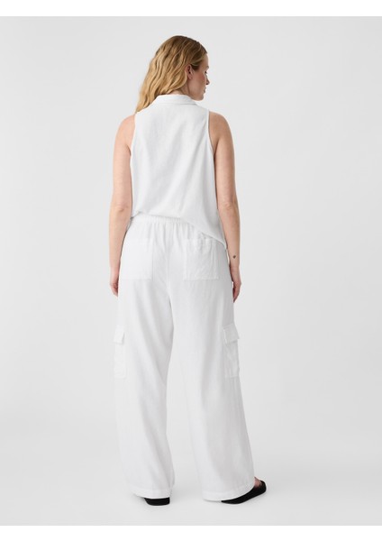 Kadın Beyaz Keten Karışımlı Wide-Leg Kargo Pull-On Pantolon fırsatları