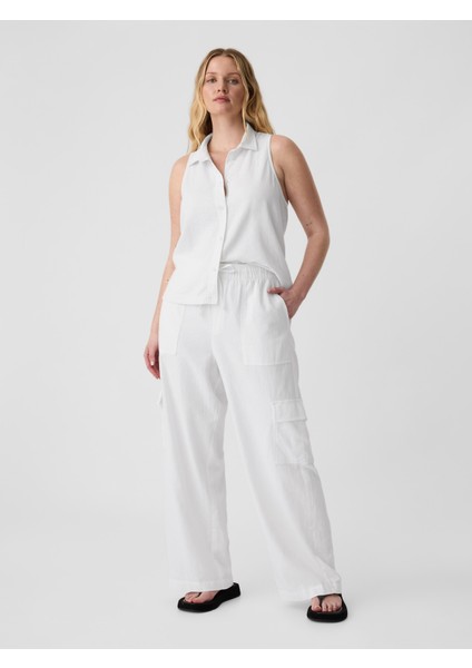 Kadın Beyaz Keten Karışımlı Wide-Leg Kargo Pull-On Pantolon indirimleri