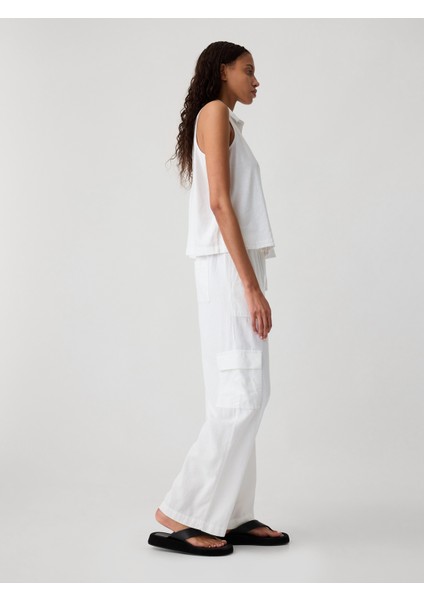 Kadın Beyaz Keten Karışımlı Wide-Leg Kargo Pull-On Pantolon