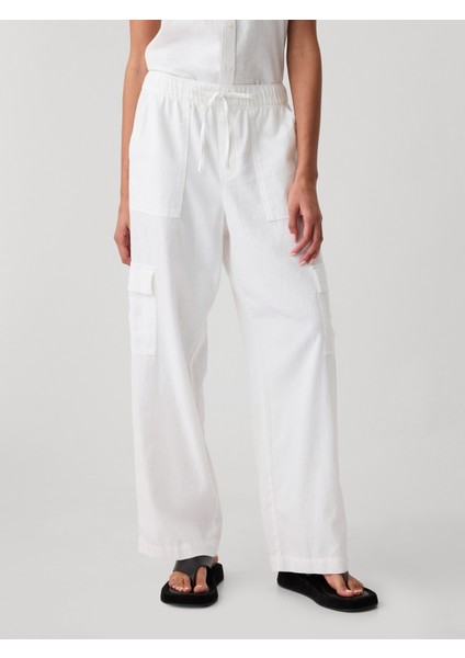 Kadın Beyaz Keten Karışımlı Wide-Leg Kargo Pull-On Pantolon