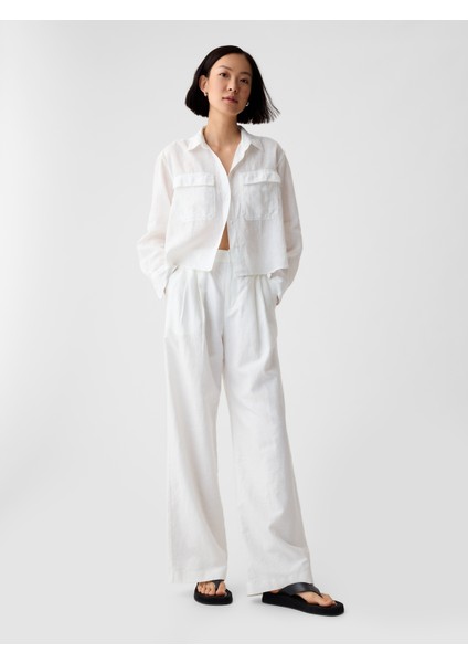 Kadın Beyaz %100 Keten Crop Gömlek modelleri