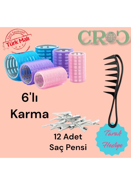 1225 Karma Bigudi 6lı + Saç Pensi 12lı Cırtlı - Yapışkanlı Saç Bigudisi