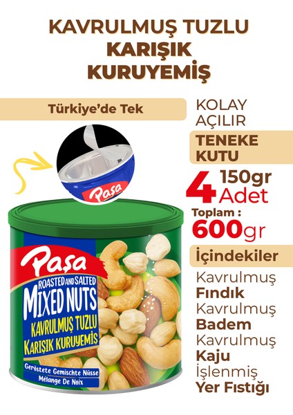 Kavrulmuş Karışık Kuruyemiş Teneke Kutu 150 gr x 4 Adet (1. Kalite)