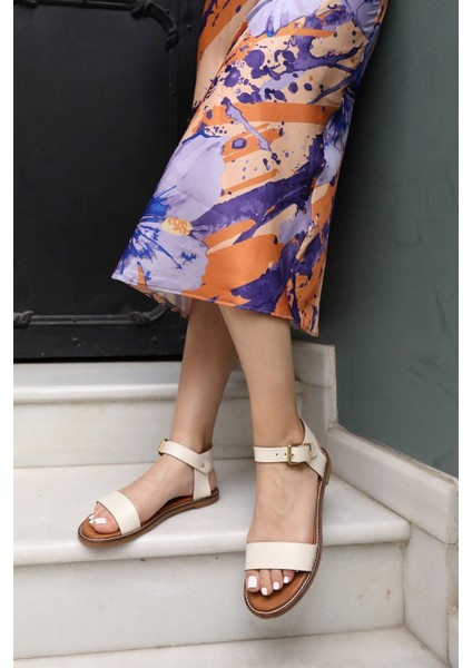 Lona Beyaz Hakiki Deri Kadın Sandalet