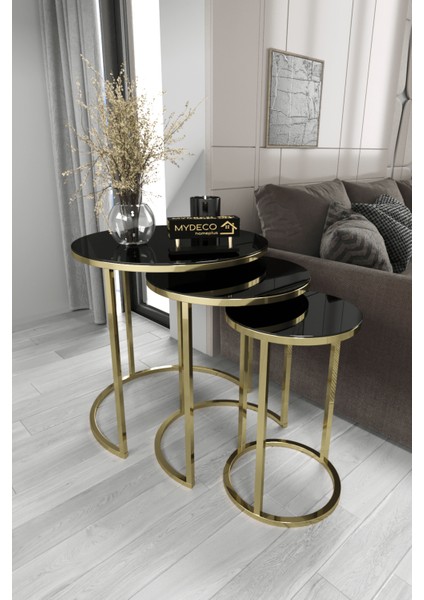 3'lü Zigon Sehpa Gold Ayak Siyah Aynalı
