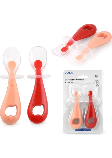 Silikon Bebek Mama Kaşık Seti, Diş Kaşıyıcı, 2 Li Set, Kırmızı Pembe