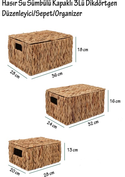 Hasır Su Sümbülü Kapaklı 3lü Dikdörtgen Düzenleyici/sepet/organizer - 09 fiyatları