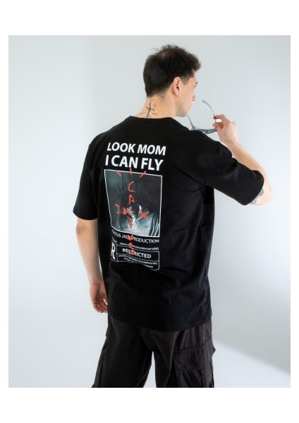 Oversıze Unisex Baskılı T-Shırt Fly Black