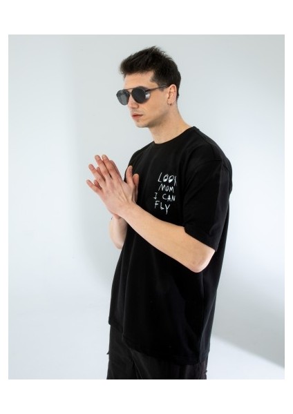 Oversıze Unisex Baskılı T-Shırt Fly Black