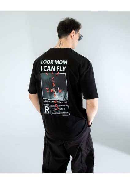Oversıze Unisex Baskılı T-Shırt Fly Black