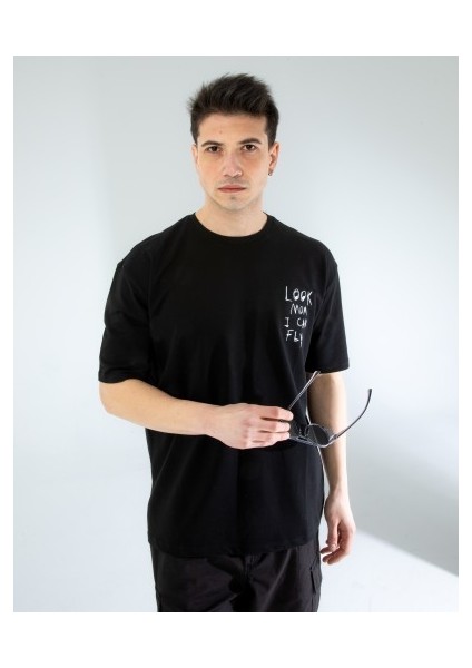 Oversıze Unisex Baskılı T-Shırt Fly Black