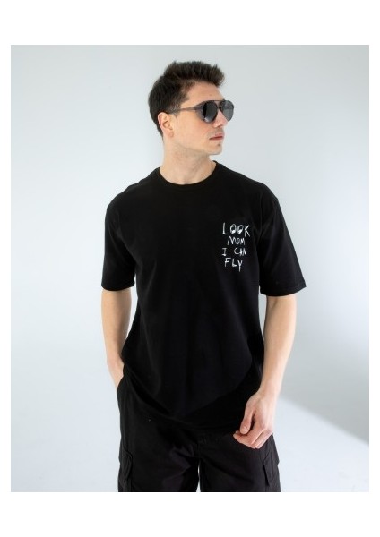 Oversıze Unisex Baskılı T-Shırt Fly Black
