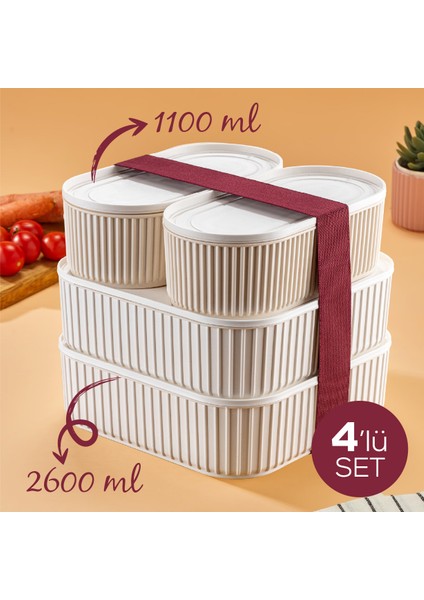 4 Adet Elastik Bantlı Istiflenebilir Pratik Saklama Kabı Seti 2X(1100 Ml) 2X(2600 Ml) Bej