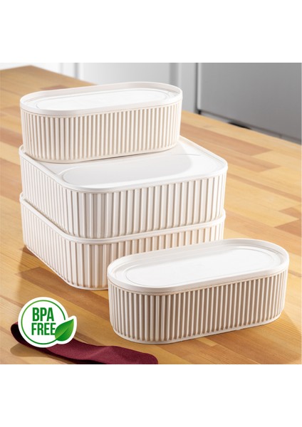 4 Adet Elastik Bantlı Istiflenebilir Pratik Saklama Kabı Seti 2X(1100 Ml) 2X(2600 Ml) Bej