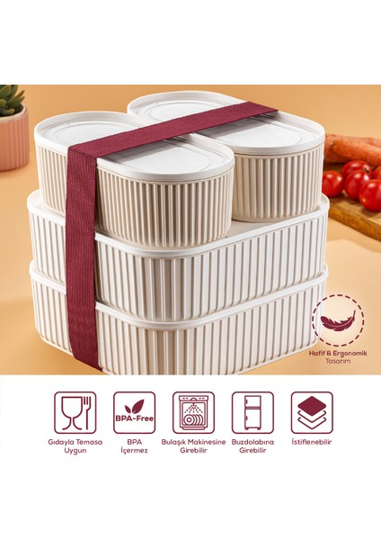 4 Adet Elastik Bantlı Istiflenebilir Pratik Saklama Kabı Seti 2X(1100 Ml) 2X(2600 Ml) Bej
