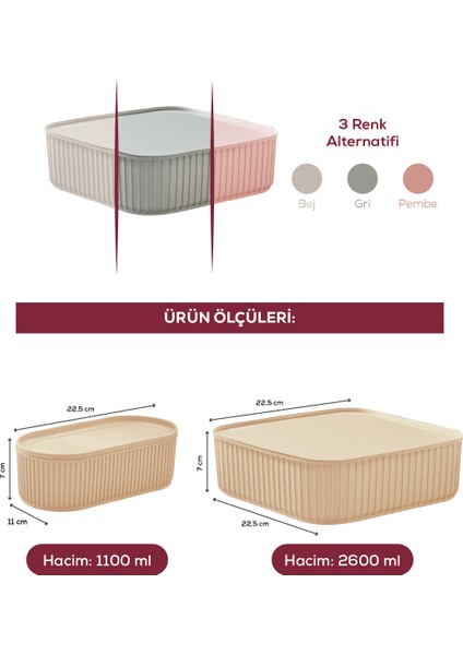 4 Adet Elastik Bantlı Istiflenebilir Pratik Saklama Kabı Seti 2X(1100 Ml) 2X(2600 Ml) Bej