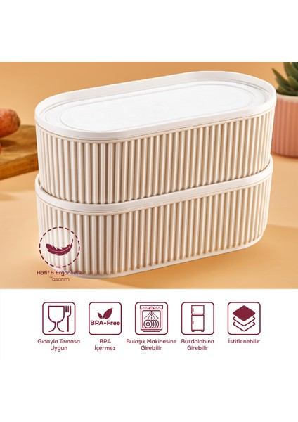 2 Adet Elastik Bantlı Istiflenebilir Pratik Saklama Kabı Seti 2X(1100 Ml) Bej modelleri