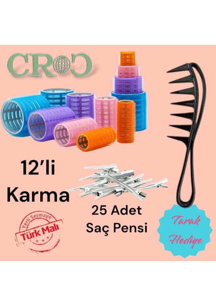 Bigudi Seti - Cırtlı Saç Bigudisi x 12 Adet + 25'li Saç Pensi