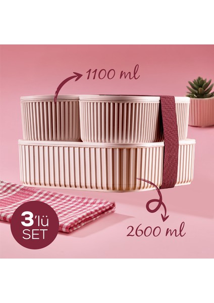 3 Adet Elastik Bantlı Istiflenebilir Pratik Saklama Kabı Seti 2X(1100 Ml) 1X(2600 Ml) Pembe