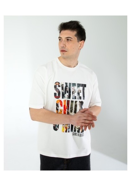 Oversıze Unisex Baskılı T-Shırt Gusnroses Whıte