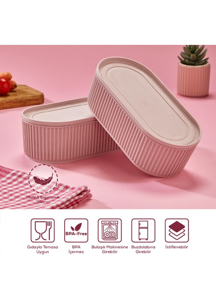 3 Adet Elastik Bantlı Istiflenebilir Pratik Saklama Kabı Seti 2X(1100 Ml) 1X(2600 Ml) Pembe modelleri