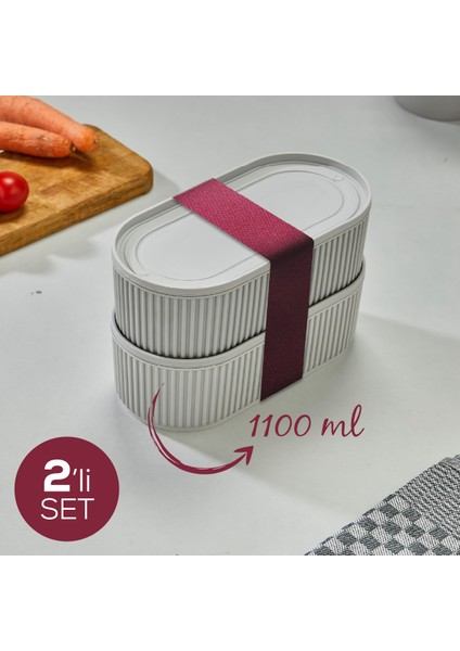 2 Adet Elastik Bantlı Istiflenebilir Pratik Saklama Kabı Seti 2X(1100 Ml) Gri
