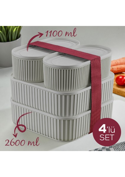 4 Adet Elastik Bantlı Istiflenebilir Pratik Saklama Kabı Seti 2X(1100 Ml) 2X(2600 Ml) Gri