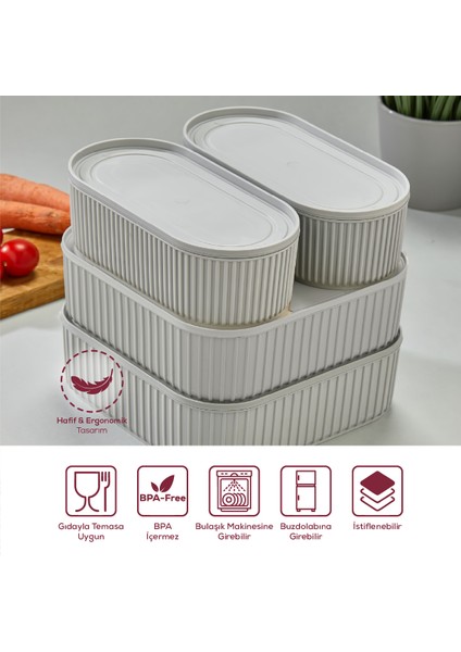 4 Adet Elastik Bantlı Istiflenebilir Pratik Saklama Kabı Seti 2X(1100 Ml) 2X(2600 Ml) Gri modelleri