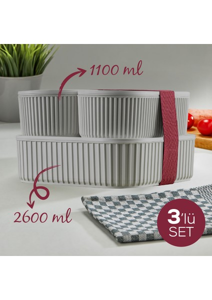 3 Adet Elastik Bantlı Istiflenebilir Pratik Saklama Kabı Seti 2X(1100 Ml) 1X(2600 Ml) Gri