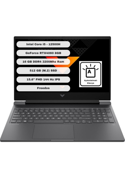 Victus Gaming 15 Intel Core i5 12500H 16GB 512GB SSD RTX4060 Freedos 15.6" Taşınabilir Bilgisayar B03C7EA