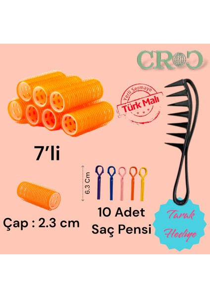 1216 Turuncu Cırtlı Plastik Bigudi 7'li Çap:2,5 cm + Plastik Saç Pensi 10'lu ( Yapışkanlı Saç Bigudisi )