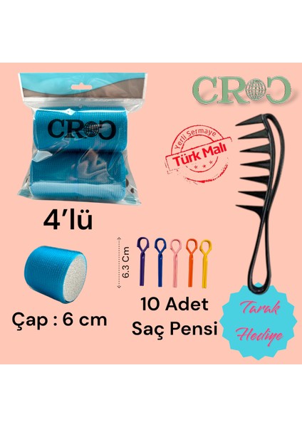 1208 Mavi Cırtlı Sünger Bigudi 4'lü 6 cm + 10'lu Plastik Saç Pensi