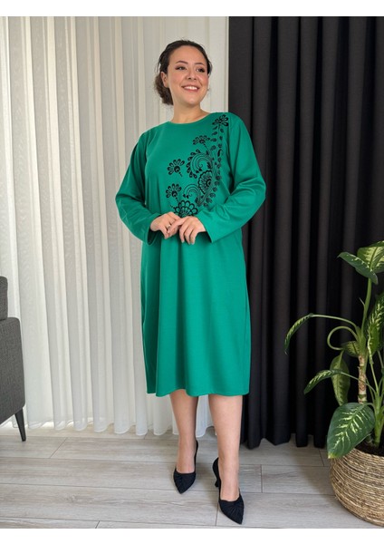 Kadın Büyük Beden Flok Baskı Detay Esnek Çelik Interlok Elbise