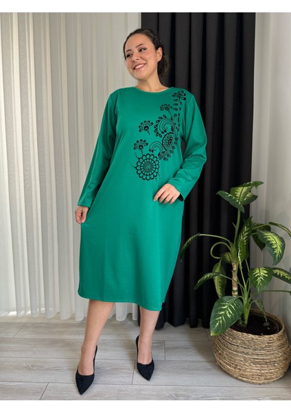 Kadın Büyük Beden Flok Baskı Detay Esnek Çelik Interlok Elbise fiyatları