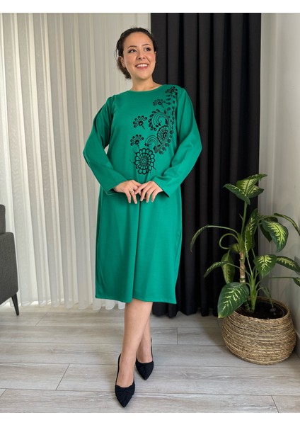 Kadın Büyük Beden Flok Baskı Detay Esnek Çelik Interlok Elbise modelleri